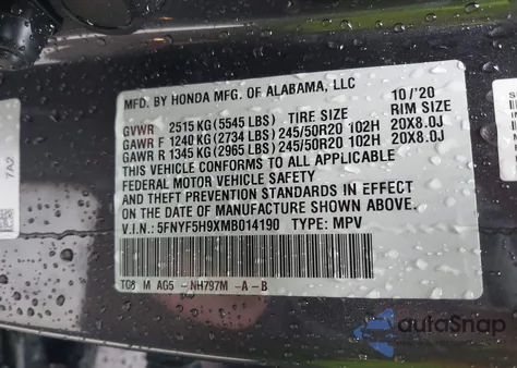 2021 Honda Pilot 2Wd Touring 8 Passenger from USA, damaged, VIN 5FNYF5H9XMB014190